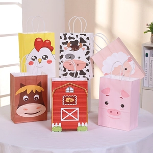 Detail of farm animal themed kraft paper gift bags with handles for party favors