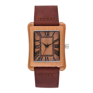 Men's rectangular wood quartz watch with Roman numerals and brown leather strap