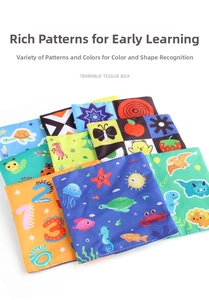 Detailed pile of colorful fabric cards featuring animals and numbers for baby early learning