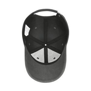 Interior view of minimalist dark grey baseball cap with six-panel cotton canvas structure