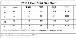 Size guide for plaid shirt with detailed chest, sleeve and length measurements in cm