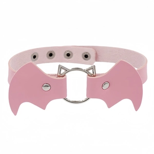 Pink PU leather punk bat wing choker necklace with heart ear ring on white background