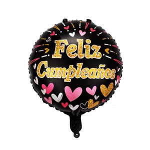 Detailed view of black 18-inch Feliz Cumpleaños foil balloon with golden heart patterns