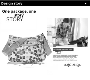 Detailed view of polka dot nylon crossbody bag with designer manuscript story background