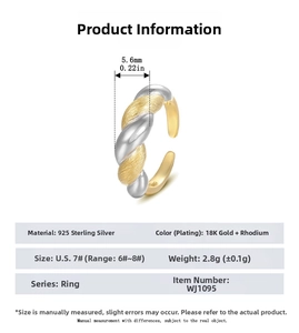 Detail view of S925 sterling silver twisted ring with 18K gold plating and size specs