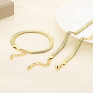 Minimalist 18k gold plated stainless steel flat snake chain necklace and bracelet set