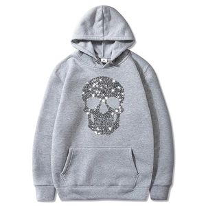 Grey pullover hoodie with silver rhinestone skull print and front kangaroo pocket