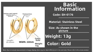 Detail view of gold stainless steel hoop earrings with size measurements 22x20mm