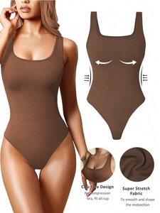 Women Seamless Ribbed Bodysuit Backless Square Neck High Stretch Sleeveless Yoga Fitness Jumpsuit Slimming Brown