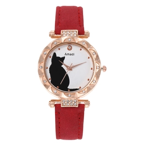 Fashionable Amadi women's watch featuring a cat pattern dial and red frosted leather strap
