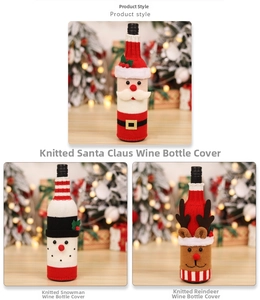 Detailed knit wine bottle covers featuring Santa, snowman, and elk Christmas designs