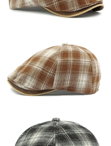 Primer plano de boinas de cuadros marrones y grises con textura de tweed y diseño