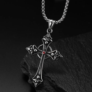Vintage stainless steel cross necklace for men and women with center red gemstone inlay