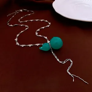 New Chinese style tassel necklace with green gourd pendants and silver heart chain