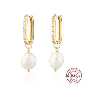 Artificial Baroque Pearl Hoop Earrings 925 Sterling Silver Earring Post Zircon Inlaid Elegant Wedding Jewelry For Women