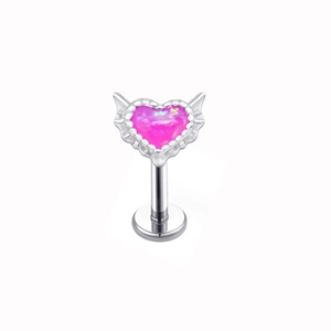 Pink opal heart labret stud with wing design and flat back in polished silver metal