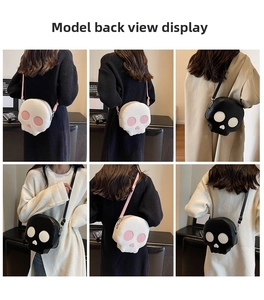 Detail view of the skull-shaped crossbody bag back and side profiles on a model