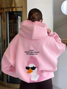 Pink oversized hoodie featuring cartoon duck print and text 'I won't be ready in 5 minutes'