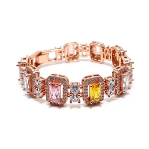 Elegant rose gold bracelet with rectangular multi-colored gemstones and pavé zircon details