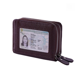 Deep brown lychee grain leather wallet with RFID blocking and double zipper design