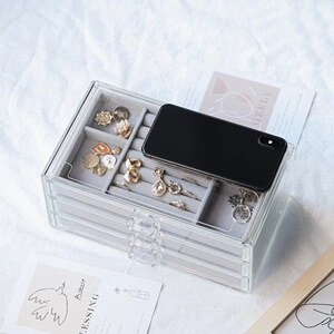 Three-layer clear acrylic jewelry box with grey velvet drawer organizers for rings