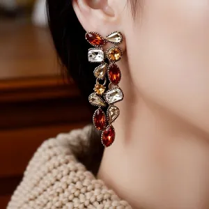 Vintage water drop rhinestone earrings and necklace set with multi-color crystal tassels