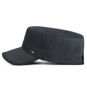 Men's winter flat top patrol cap in black thick fabric with side metal effort detail
