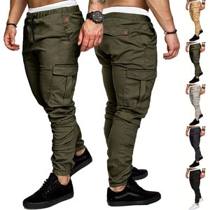 Detail of cargo joggers showing side flap pockets and elastic drawstring waist in five colors