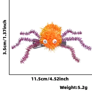 Detailed dimensions of Halloween spider hair clip with orange fur and purple glitter legs