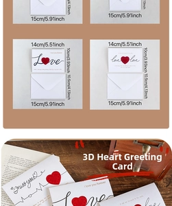 Detailed size specifications for 3D heart greeting card with envelope and lifestyle display