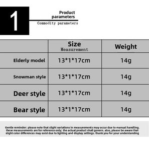 Size chart showing dimensions and weight for Santa, Snowman, Deer, and Bear gift bags