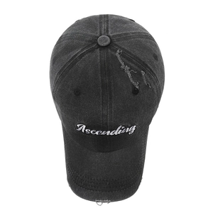 Vintage distressed baseball cap in dark grey with white Ascending embroidery and torn details