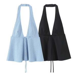 Women Halter Neck Top Deep V Neck Polyester Bow Knot Peplum Backless Striped Solid Slim Fit