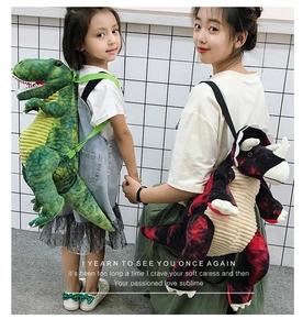 Kids and adult models wearing green T-Rex and red Triceratops 3D plush backpacks