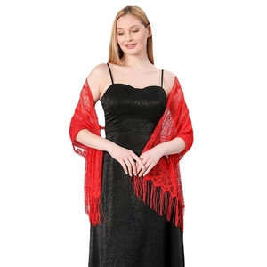 Elegant red lace shawl with floral hollow design and long fringes for evening gowns