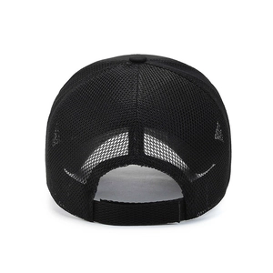 Rear view of black breathable mesh baseball cap with adjustable strap for outdoor sun protection