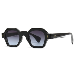 Modern black hexagonal sunglasses with gradient grey purple lenses and metallic rivets