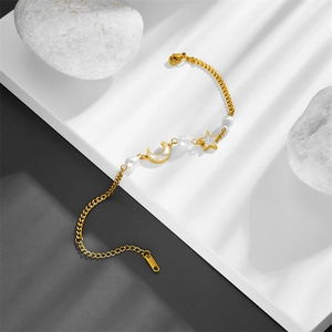Titanium steel bracelet featuring white shell moon and star pendants with pearls