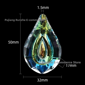 Macro detail of tear-drop AB crystal pendant with multifaceted cut and size dimensions