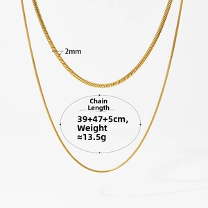 Detail view of double-layer gold necklace showing 2mm width and 39cm length specs