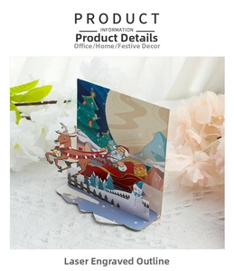 Detail showing 3D pop-up Christmas card with laser-cut Santa, reindeer, and snowman scene