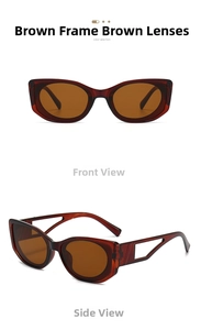 Detail view of oval sunglasses with tea brown hollow frames and matching tinted lenses