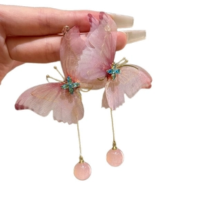 Elegant pink butterfly tassel earrings featuring blue crystals and long hanging beads