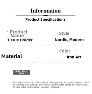 Detailed product specifications for iron napkin holders in gold, silver, and black finishes