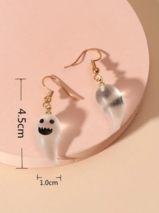 Detail view of translucent ghost earrings showing dimensions of 4.5cm by 1.0cm