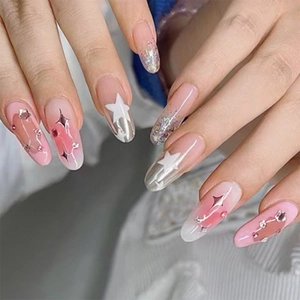 Press On Nails Almond Pink Gradient With Rhinestones White Star Glitter Glossy Fake Nails For Women Daily Party