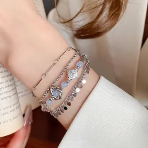 Vintage Multi-layer Bracelet Alloy Light Blue Glass Beads Floral Charms Round Disc Bohemian Jewelry For Women Adjustable