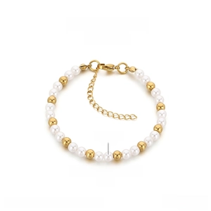Detailed view of woven glass beads bracelet with gold-tone extension chain and lobster clasp
