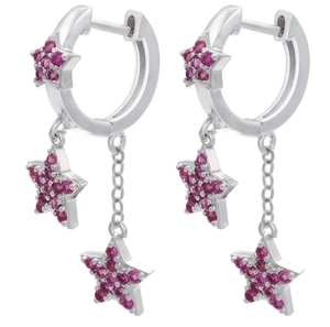 Sparkly silver star earrings with pink micro-set cubic zirconia stones and tassel detail