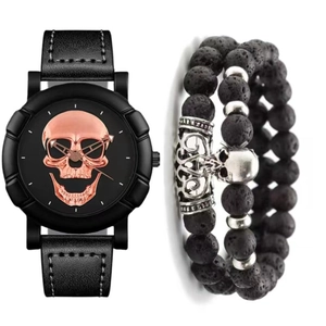 Detail of skull quartz watch with rose gold dial and lava stone skull bracelets set